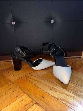 New York & Company Two-Tone Pointed Toe Ankle Strap Block Heels - White/Black